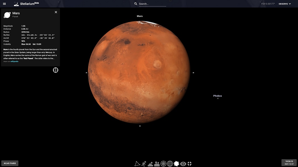 La planète Mars dans Stellarium