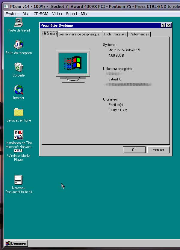 Windows 95 sous PCem