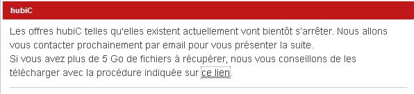 Message d'avertissement de clotûre du service