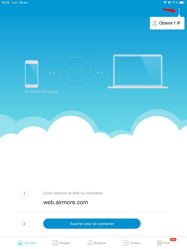 L'écran d'accueil d'Airmore